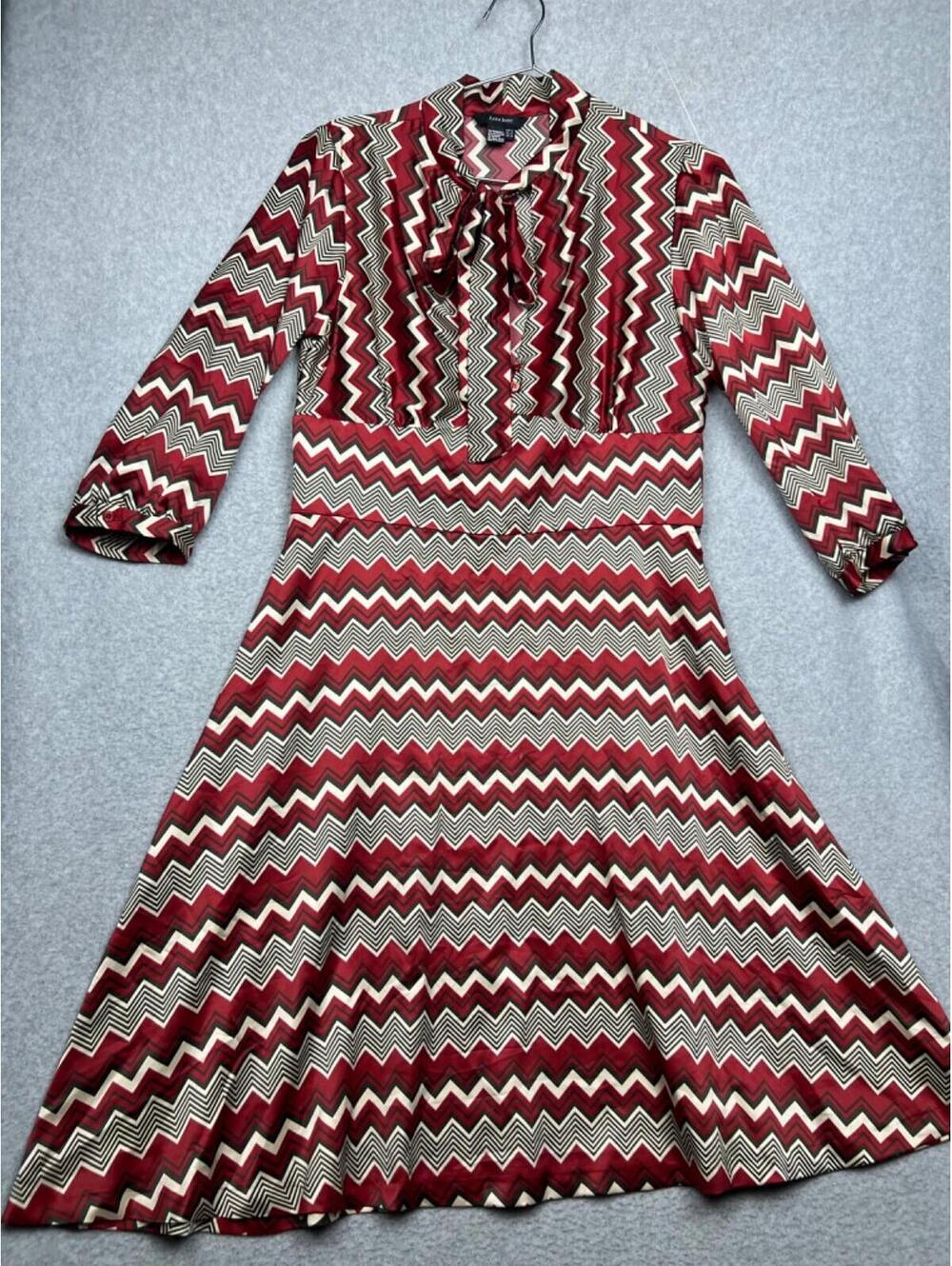 Zara Womens Satin Fit & Flare Midi Dress Size XL Zigzag Retro 70s Office Chic